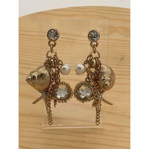 Gold Tone Shell Starfish Dangle Earrings Crystal Pearl Accents